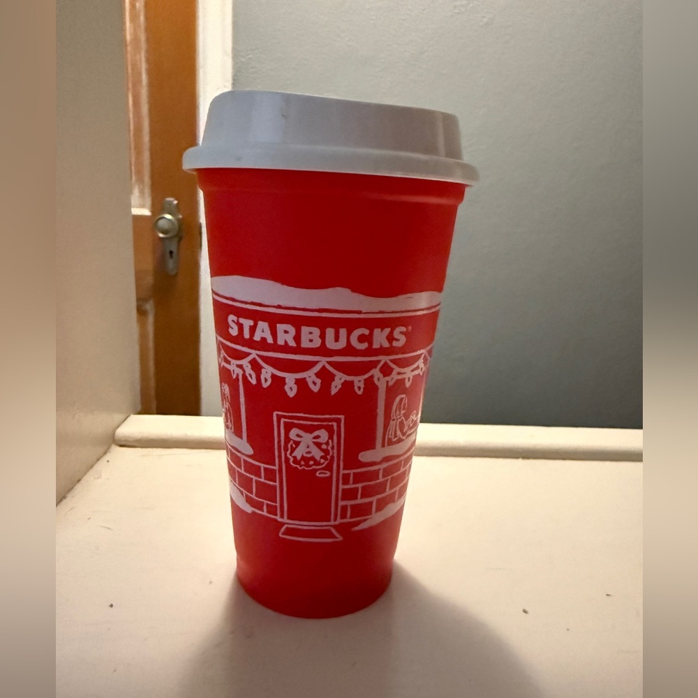 Starbucks Red Cup with White Holiday Illustration and White Lid